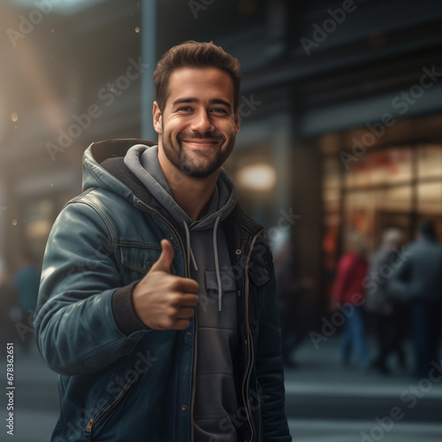 Joyful Approval: A Candid Photo Capturing a Man Laughing with Genuine Delight, Expressing Positivity and Approval with a Cheerful Thumbs Up Gesture.