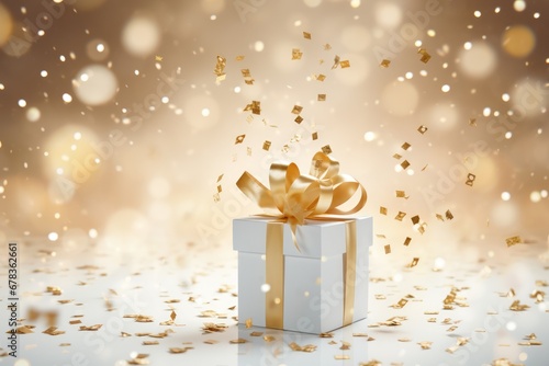 white gift box with a golden ribbon and confetti on a blurred bokeh background © gankevstock