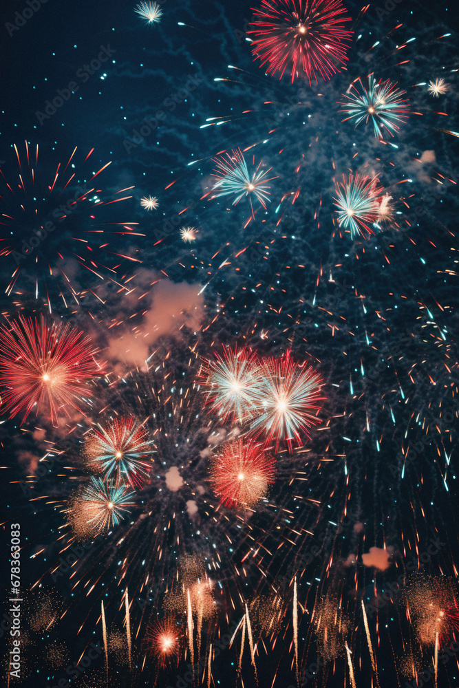 Fototapeta premium Colorful fireworks with bokeh effect on dark sky background.