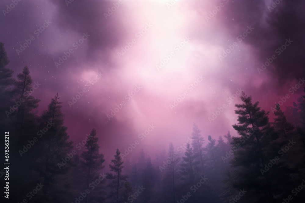 Fototapeta premium Silhouetted pine trees under a starry, purple twilight dramatic sky