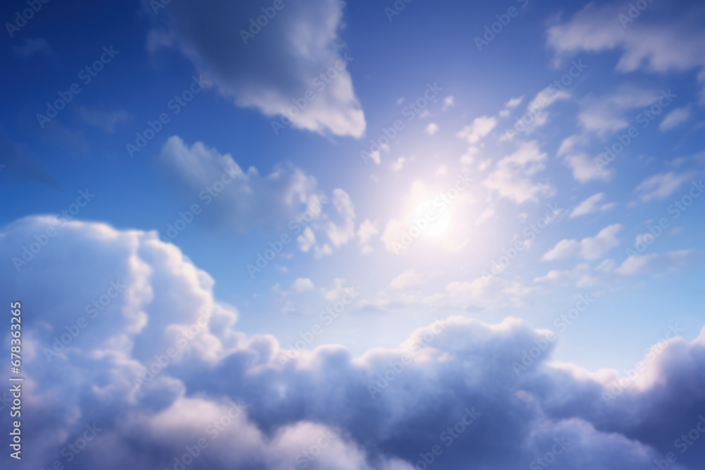 Fluffy clouds with the sun casting a soft glow in a clear blue sky