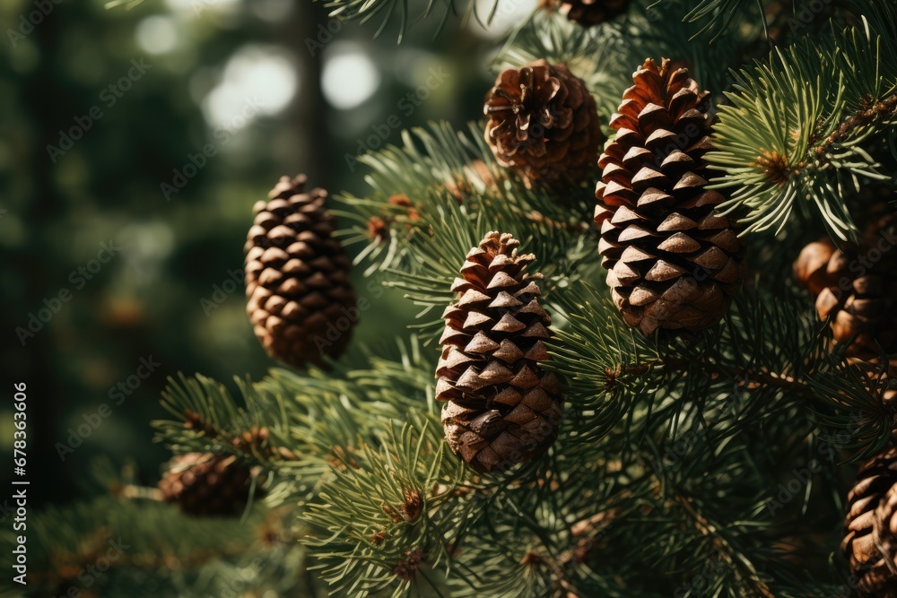 Close up of pine cones amid vibrant green needles, blurred green forest trees background Close up of pine cones amid vibrant green needles, blurred green forest trees background