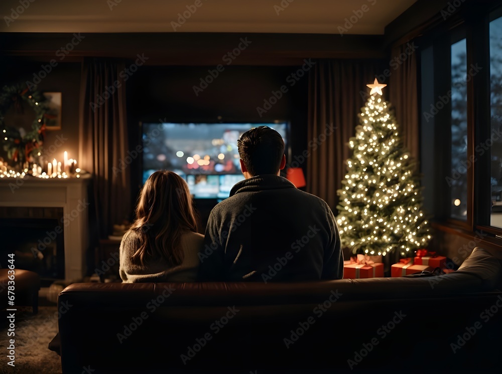 Couple sitting on the couch watching Christmas movies