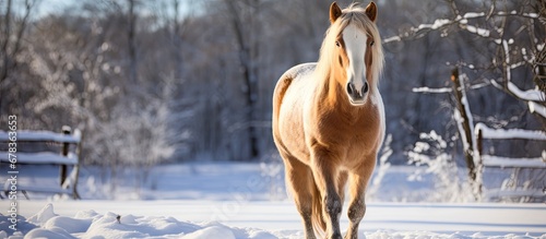 winter a blanket of snow covered the old forest in Quebec Canada making the horse on the farm happy and healthy as it enjoyed the equestrian activities of the season fostering a strong bond