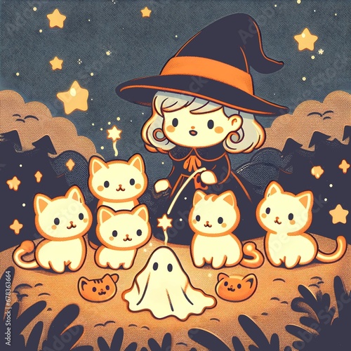 AI generated illustration of cute cartoon cats and a young girl witch photo