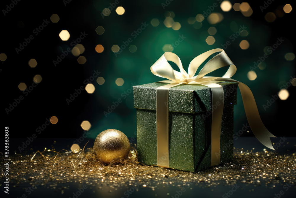teal colored gift with a creamy gold ribbon amidst a golden twinkling light background teal colored gift with a creamy gold ribbon amidst a golden twinkling light background