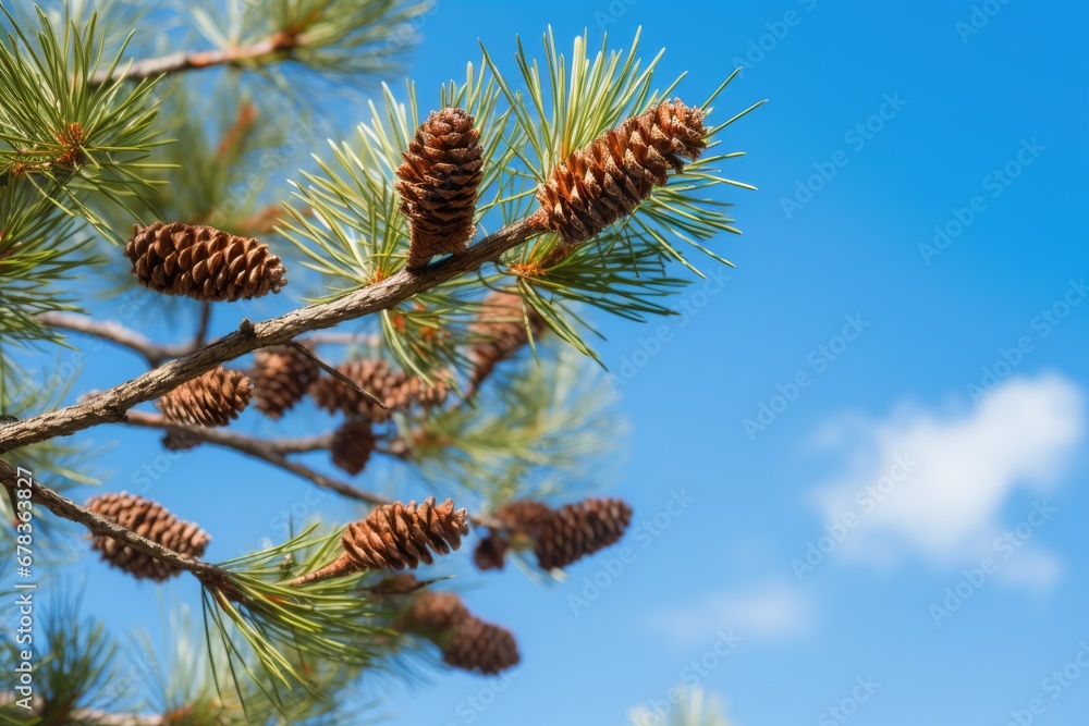 Close up of pine cones and needles against a clear blue sky Close up of pine cones and needles against a clear blue sky