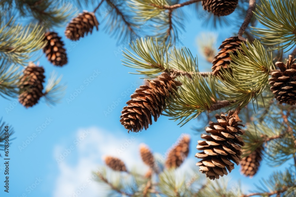 Close up of pine cones and needles against a clear blue sky Close up of pine cones and needles against a clear blue sky