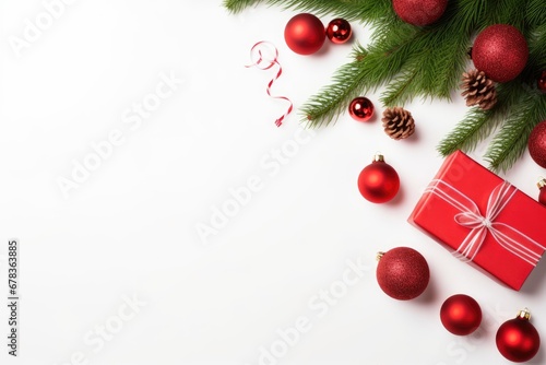Christmas decorations such as gifts and baubles with pine branches frame isolated on white background with space for text. Top view, flat lay