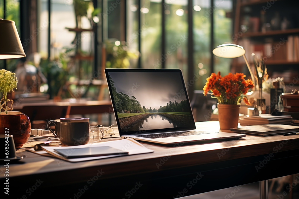 Office space with computer. Desk. Corporate office. Office space with computer. Desk. Corporate office.