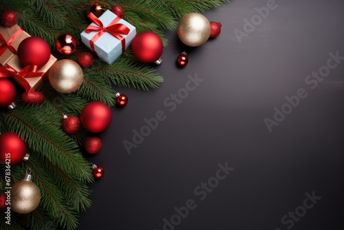 red and gold Christmas decorations on a black background with a gift box and pine branches