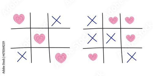 Valentine's Day set of tik-tak-toe with hearts. Vector illustration on white background. Cute pink hearts. For postcards, invitations.