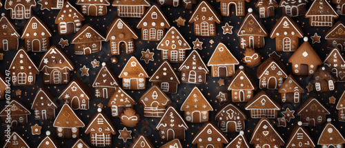 Gingerbread houses on the black background. Christmas and New Year background.
