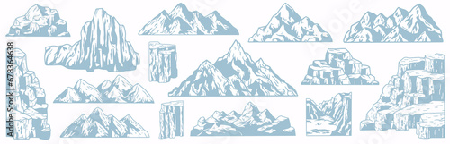 Nature mountains set. Outdoor landscapes with winter rocks for design. Beautiful hill, peak and top for adventure, wanderlust or explore