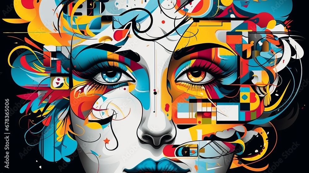 A painting of a woman's face with many colors