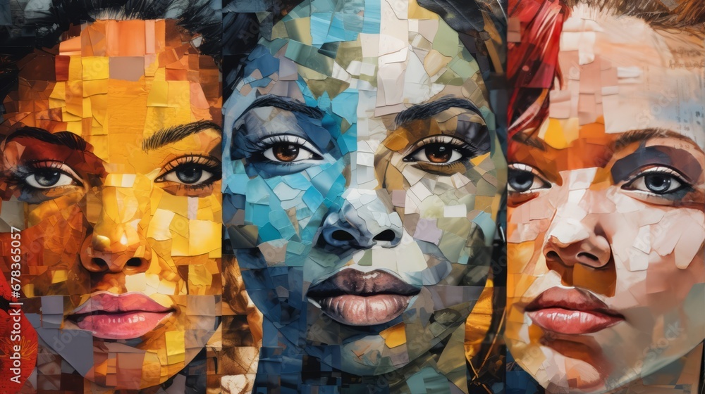A collage of three different women's faces - obrazy, fototapety, plakaty 