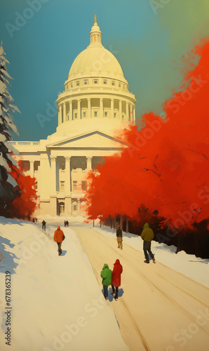 California State Capitol, Sacramento: winter scene with red leaves