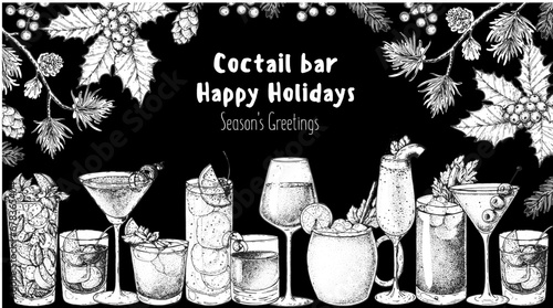 Alcoholic cocktail sketch. Christmas menu. Hand drawn vector illustration. Hand drawn drinks illustration. Cocktails set. New Year menu design elements.