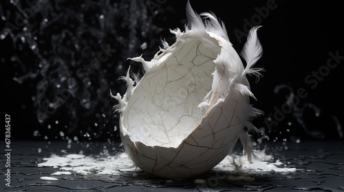 A broken egg is shown on a black surface