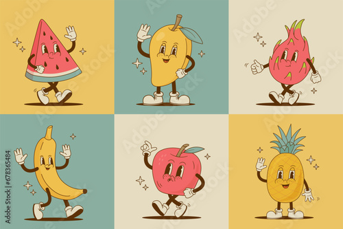 Set of retro cartoon fruit characters. Funny watermelon, pineapple, apple, mango, banana,  pitaya mascot. Vintage vector illustration. Nostalgia 70s, 80s