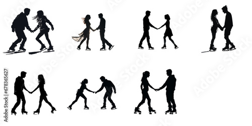 set of silhouettes of people, couples on ice skates and roller skates, vector illustration, isolated, generative AI.