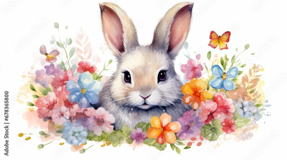 A watercolor painting of a rabbit surrounded by flowers A watercolor painting of a rabbit surrounded by flowers