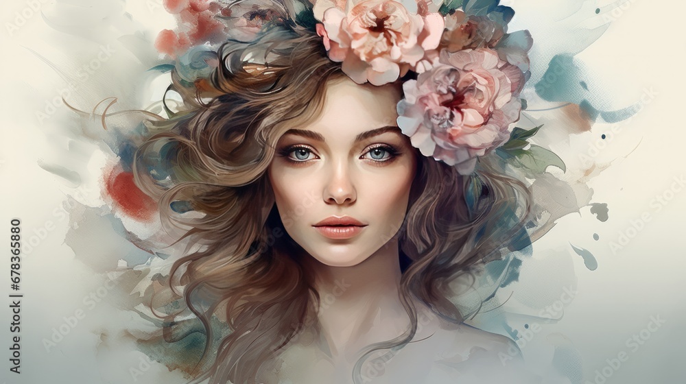 A watercolor painting of a woman with flowers in her hair