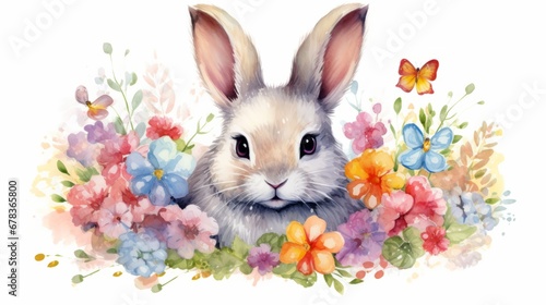 A watercolor painting of a rabbit surrounded by flowers