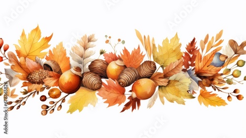A watercolor painting of autumn leaves and acorns