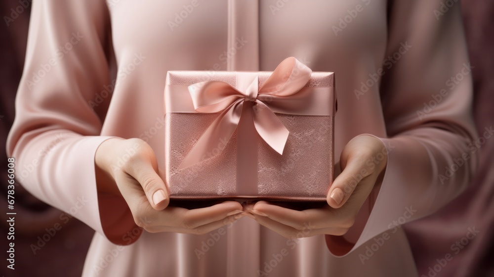 A woman holding a pink gift box with a pink bow A woman holding a pink gift box with a pink bow