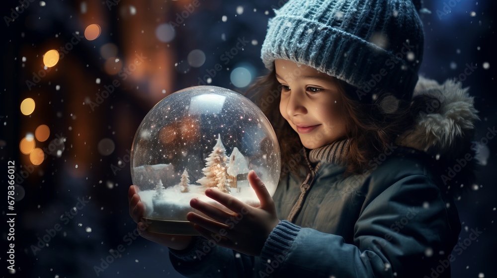 A little girl holding a snow globe in her hands - obrazy, fototapety, plakaty 