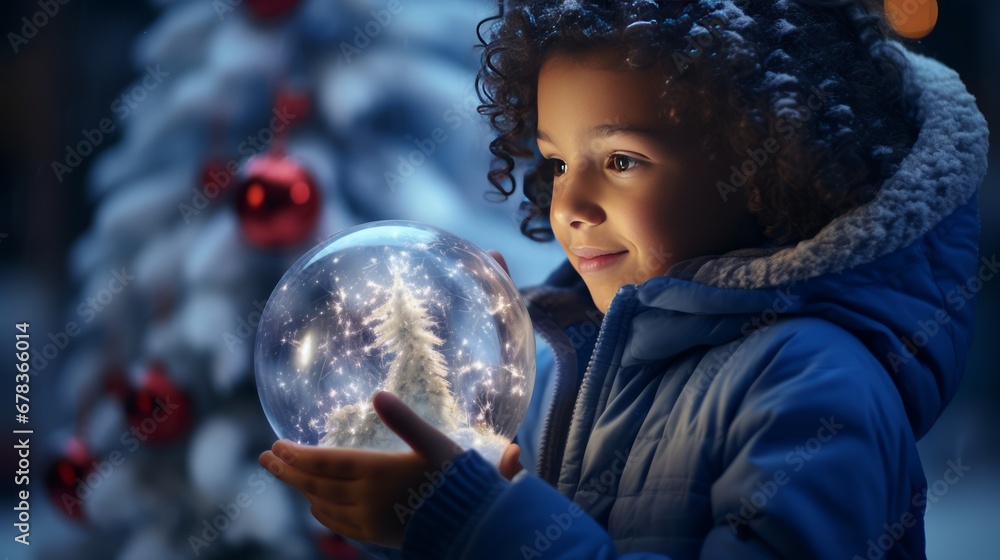 Naklejka premium A little child holding a snow globe in front of a Christmas tree
