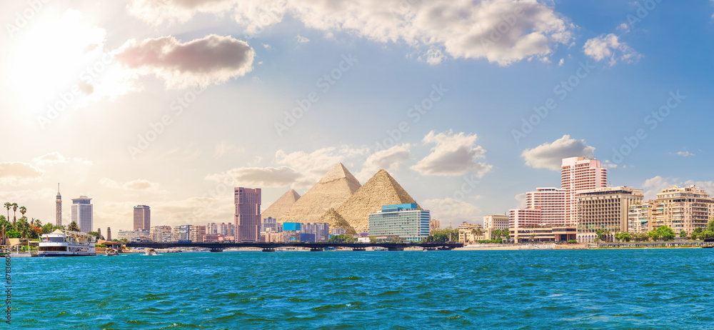 The Nile scenery and famous Pyramids, unique view of Cairo, Egypt