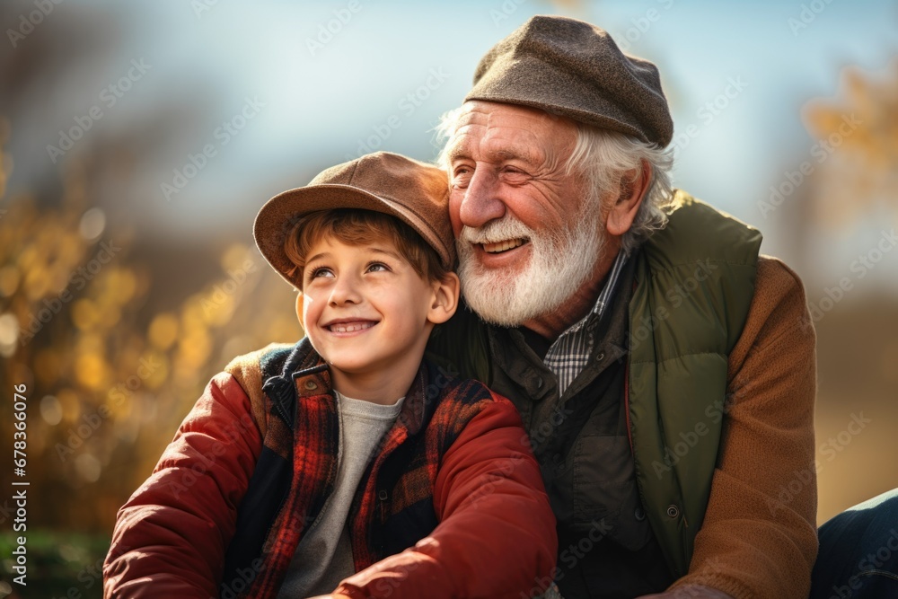 A grandfather with his grandson in the field A grandfather with his grandson in the field