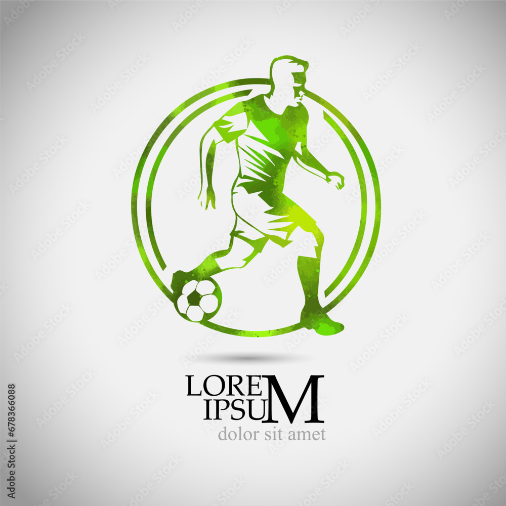 Football player with ball green logo. hand drawing. Not AI. Vector illustration
