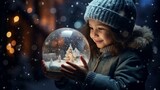 A little girl holding a snow globe in her hands