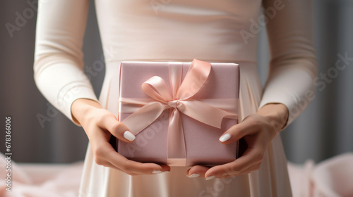 A woman holding a pink gift box with a pink bow