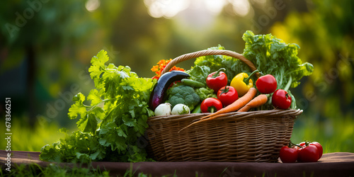 Basket with fresh vegetables on a natural background, Natural Vegetable, Fresh Vegetables In Basket background with sun shines, Fresh Vegetable, generative AI

