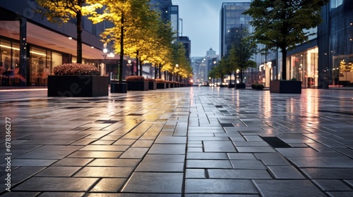 "Urban Elegance: A modern street pavement adorned with paving stones creates an inviting perspective.