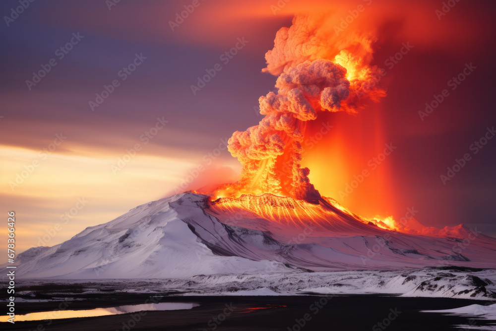 A volcano erupting with a large cloud of toxic smoke fire and ash