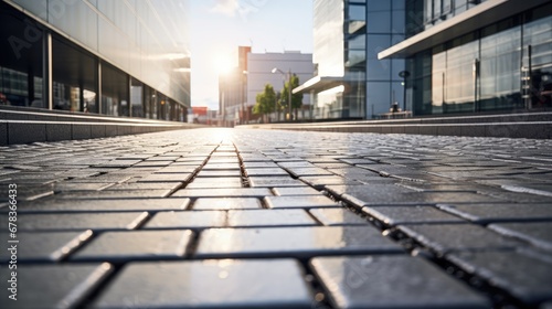 "Urban Elegance: A modern street pavement adorned with paving stones creates an inviting perspective.