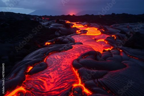 close up of molten magma lava flowing from an active volcano