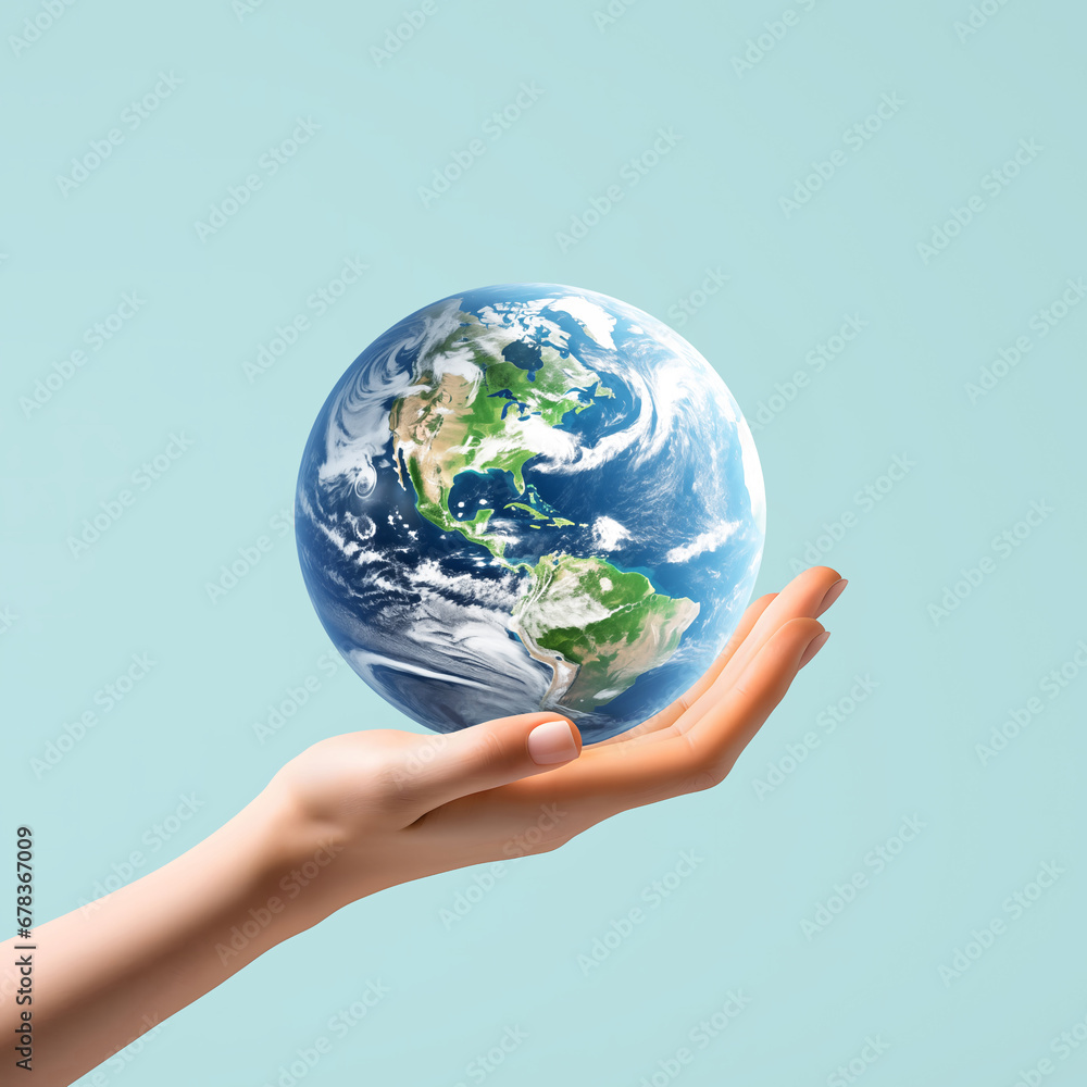 Planet earth in human hand on isolated pastel blue background. CRS idea, corporate social responsibility, environmental activism, eco volunteering. Sustainability and peace concept. Planet earth in human hand on isolated pastel blue background. CRS idea, corporate social responsibility, environmental activism, eco volunteering. Sustainability and peace concept.