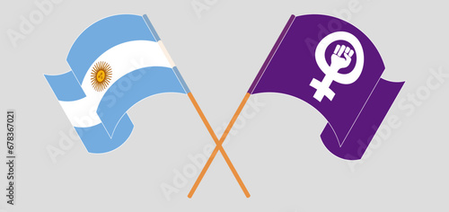 Crossed and waving flags of Argentina and Feminism