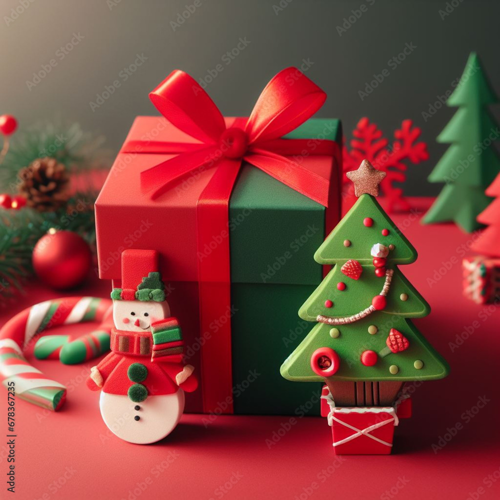 Christmas and New Year background with Christmas tree, presents and decorations.