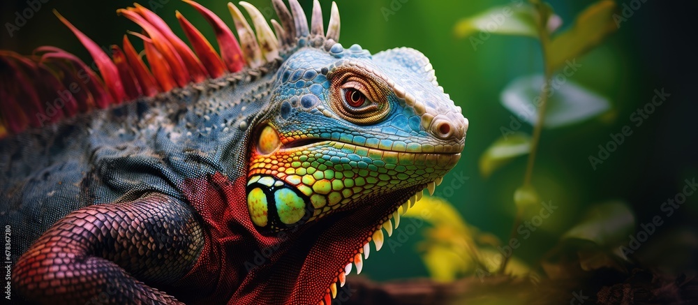 Obraz premium tropical background of Mexico amidst the lush green nature a colorful dragon with vibrant skin becomes a predator captivating onlookers with its striking eye embodying the exotic wildlife an