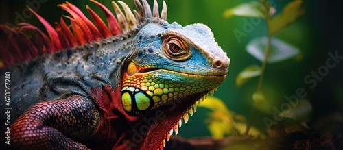 tropical background of Mexico amidst the lush green nature a colorful dragon with vibrant skin becomes a predator captivating onlookers with its striking eye embodying the exotic wildlife an