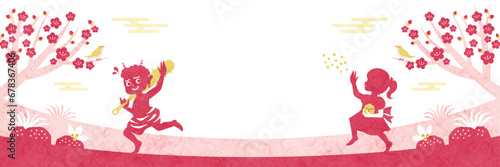 節分の和風背景バナー 鬼と豆まきをする女の子の和紙シルエット