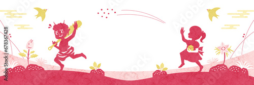 節分の和風背景バナー 鬼と豆まきをする女の子の和紙シルエット