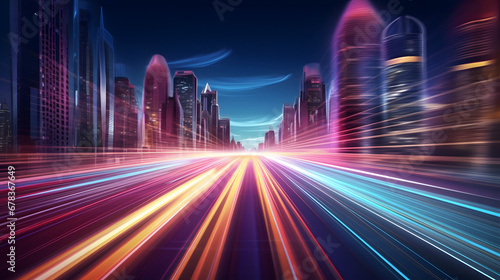 Speed light trails path through smart modern mega city and skyscrapers town with neon futuristic technology background, future virtual reality, motion effect, high speed light, with .